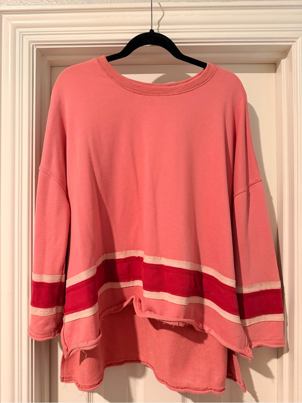 Fantastic Fawn Coral Pink Crewneck Sweater with Red & Cream Stripes